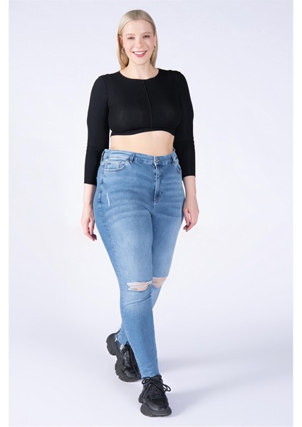 Büyük Beden Mavi Yüksek Bel Diz Lazer Skinny Jeans