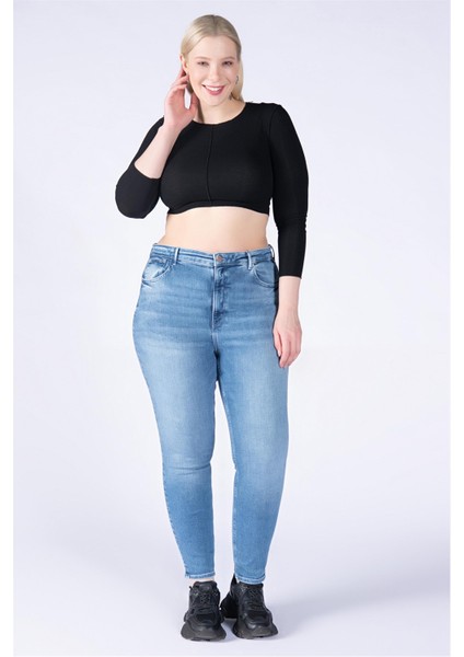 Büyük Beden Mavi Yüksek Bel Skinny Jeans