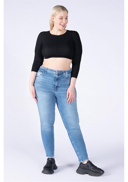 Büyük Beden Mavi Yüksek Bel Skinny Jeans