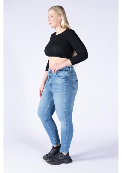 Büyük Beden Mavi Yüksek Bel Skinny Jeans