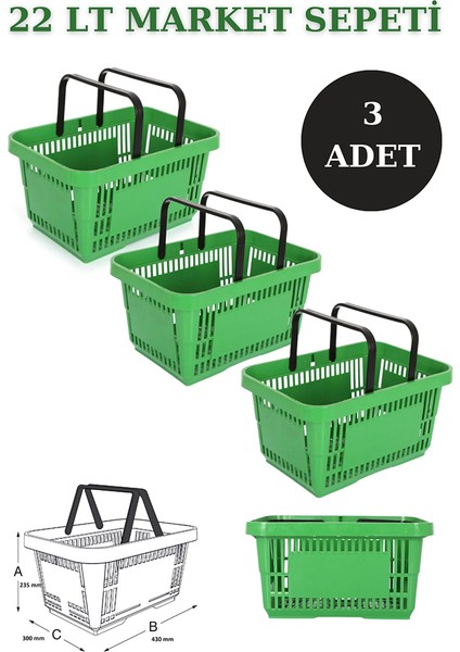 3 Adet 22 Litre Market Sepeti, Alışveriş Sepeti, Saplı Market Sepeti