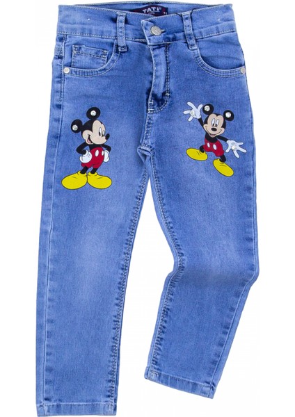 Kız Çocuk Mickey Mouse Baskılı Jean Pantolon