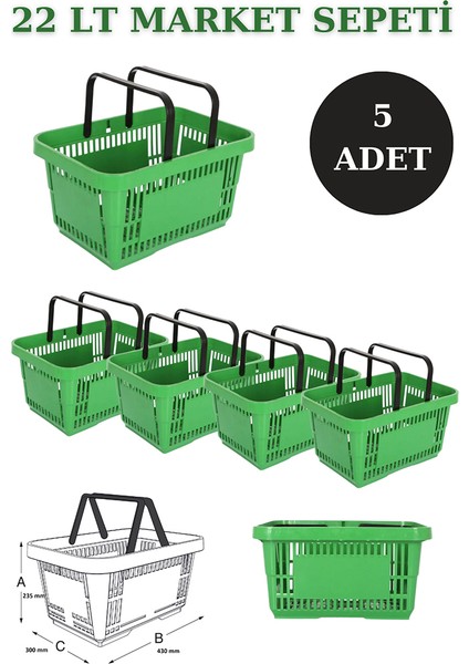 5 Adet 22 Litre Market Sepeti, Alışveriş Sepeti, Saplı Market Sepeti