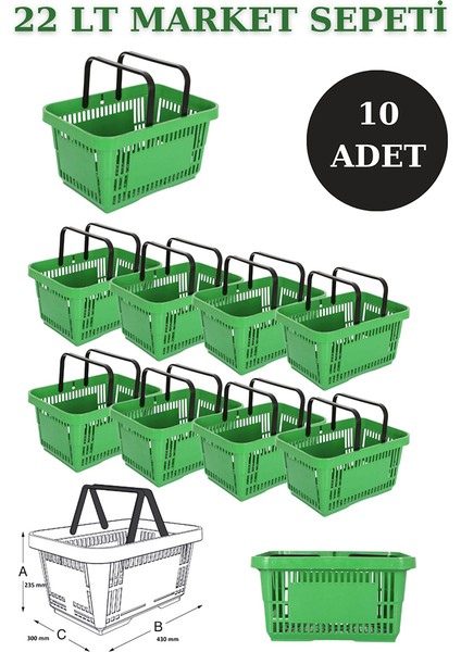 10 Adet 22 Litre Market Sepeti, Alışveriş Sepeti, Saplı Market Sepeti