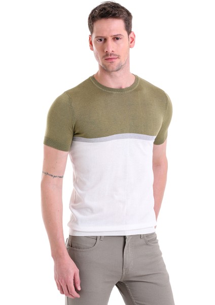 Olive Slim Fit Desenli Bisiklet Yaka Tişört
