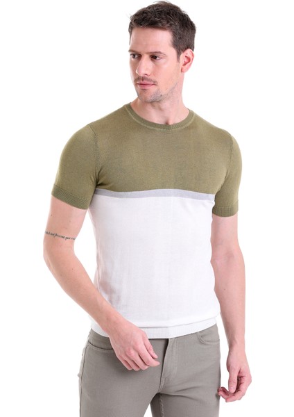 Olive Slim Fit Desenli Bisiklet Yaka Tişört