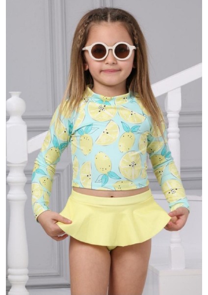 Trend Sevimli Limon Desenli Güneş Korumalı Uzun Kol Crop Üst Mini Etek Altı Fırfırlı Bikini Takımı