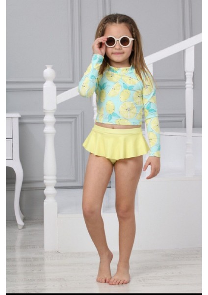 Trend Sevimli Limon Desenli Güneş Korumalı Uzun Kol Crop Üst Mini Etek Altı Fırfırlı Bikini Takımı fiyatları