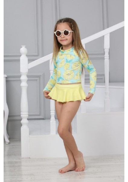 Trend Sevimli Limon Desenli Güneş Korumalı Uzun Kol Crop Üst Mini Etek Altı Fırfırlı Bikini Takımı modelleri