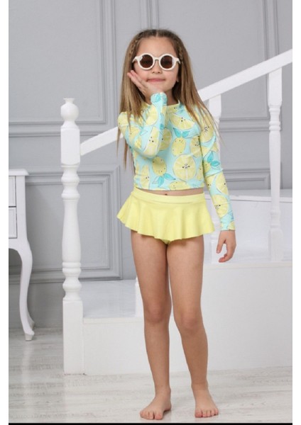 Trend Sevimli Limon Desenli Güneş Korumalı Uzun Kol Crop Üst Mini Etek Altı Fırfırlı Bikini Takımı fırsatları