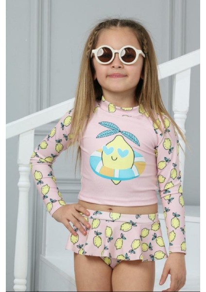 Trend Sevimli Kalpli Limon Desenli Güneş Korumalı Uzun Kol Crop Üst Mini Etek Altı Fırfırlı Bikini Takımı