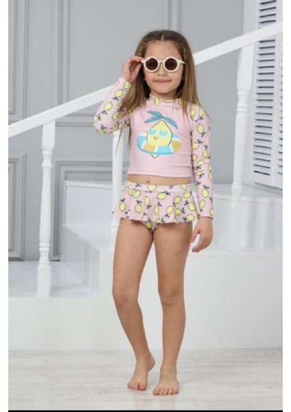 Trend Sevimli Kalpli Limon Desenli Güneş Korumalı Uzun Kol Crop Üst Mini Etek Altı Fırfırlı Bikini Takımı modelleri
