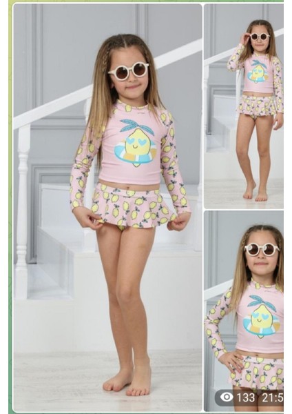 Trend Sevimli Kalpli Limon Desenli Güneş Korumalı Uzun Kol Crop Üst Mini Etek Altı Fırfırlı Bikini Takımı fırsatları