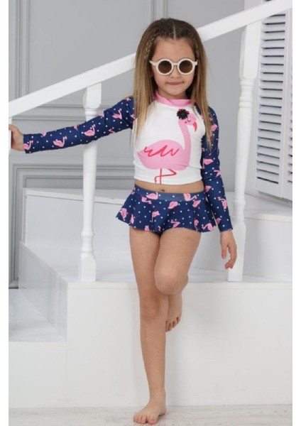 Trend Flamingo Desenli Güneş Koruma Uzun Kol Crop Üst Mini Etek Bikini Altı Fırfırlı Bikini Takımı