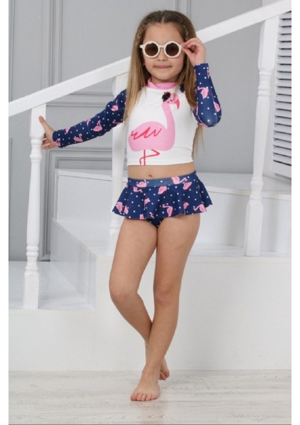 Trend Flamingo Desenli Güneş Koruma Uzun Kol Crop Üst Mini Etek Bikini Altı Fırfırlı Bikini Takımı fırsatları