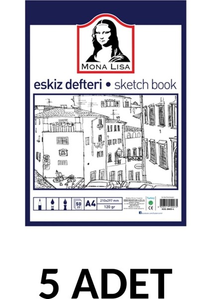 5 Adet Mona Lisa Eskiz Defteri (Sketch Book) A4 120 Gr. 50 Yp.