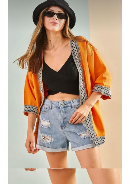 Kadın Nakışlı Şerit Desenli Keten Kimono