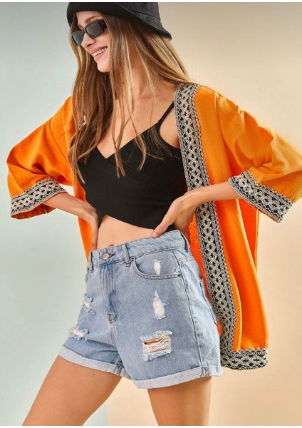 Kadın Nakışlı Şerit Desenli Keten Kimono modelleri