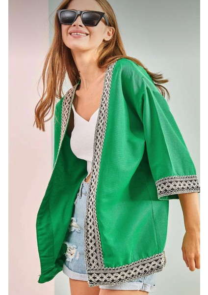 Kadın Nakışlı Şerit Desenli Keten Kimono