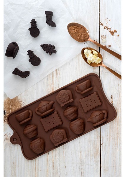 Çay Saati Desenli Silikon Çikolata, Kek , Muffin, Dondurma Kalıbı 12'li