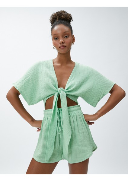 Crop Yoga Tişört Müslin Kimono Görünümlü Bağlama Detaylı