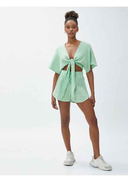 Crop Yoga Tişört Müslin Kimono Görünümlü Bağlama Detaylı fiyatları