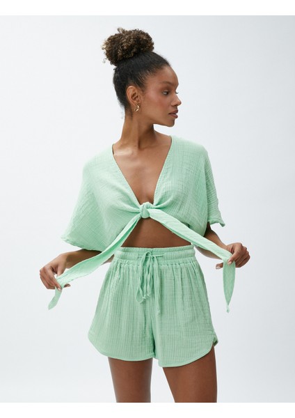 Crop Yoga Tişört Müslin Kimono Görünümlü Bağlama Detaylı modelleri