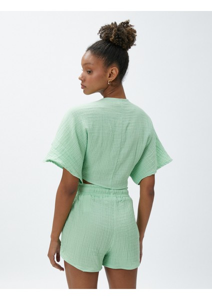 Crop Yoga Tişört Müslin Kimono Görünümlü Bağlama Detaylı fırsatları