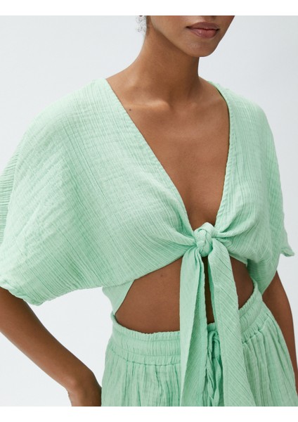 Crop Yoga Tişört Müslin Kimono Görünümlü Bağlama Detaylı indirimleri