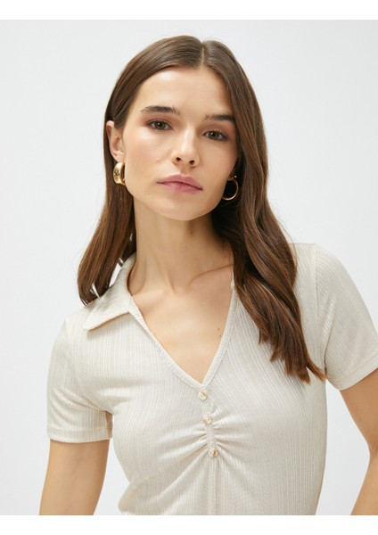 Crop Polo Tişört Çizgili Drape Detaylı