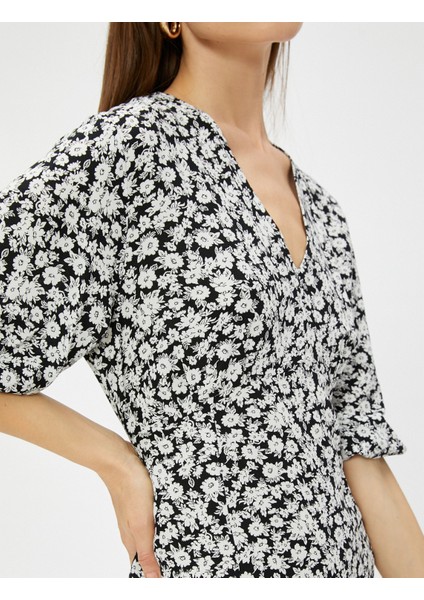 Mini Çiçekli Elbise V Yaka Kısa Kollu Ecovero® Viscose