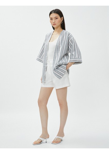 Oversize Keten Kimono Cepli Kısa Kollu