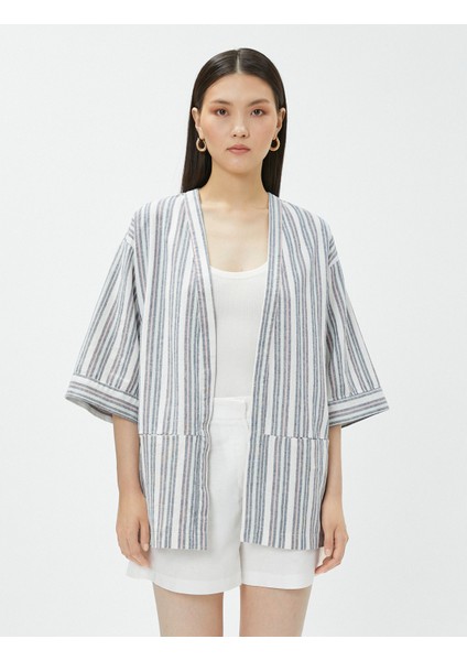 Oversize Keten Kimono Cepli Kısa Kollu