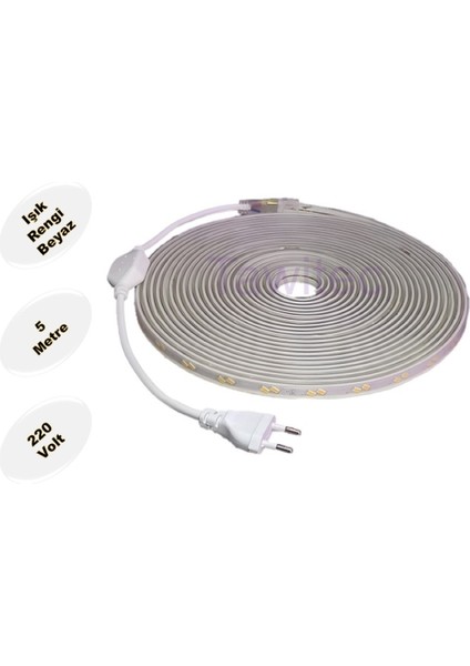Hortum Şerit LED 220 Volt Su Geçirmez Fiş Dahil Metrede 68 LED 5730 Beyaz 5 metre