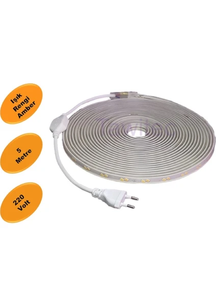 Hortum Şerit LED 220 Volt  Su Geçirmez Fiş Dahil Metrede 68 LED 5730 Amber 5 Metre