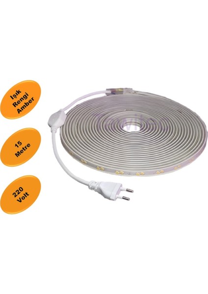 Hortum Şerit LED 220 Volt  Su Geçirmez Fiş Dahil Metrede 68 LED 5730 Amber 15 Metre