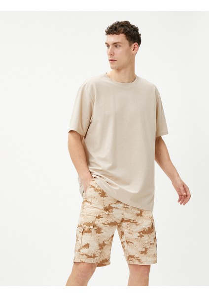 Kargo Şort Kamuflaj Baskılı Beli Bağcıklı Cep Detaylı Pamuklu