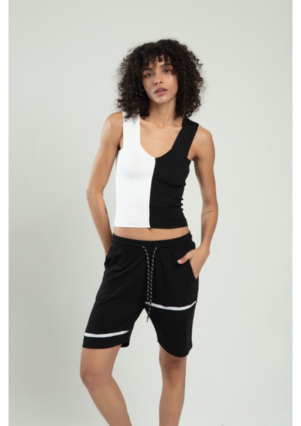 Beyaz-siyah Iki Renkli Kadın Spor Askılı V Yaka Yığma Desen Triko Atlet Crop Top Bluz SFYZ1004