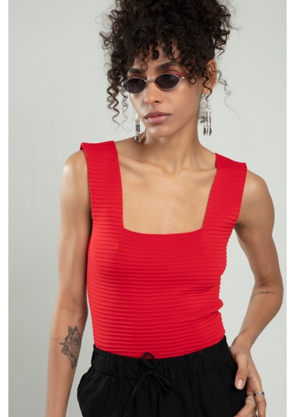 Kadın Yığma Desen Spor Askılı Triko Atlet Crop Top Bluz Sifu Tekstil