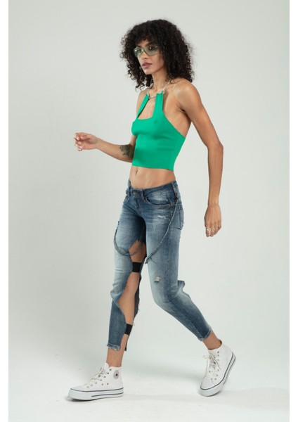 Kadın Zincir Askılı Spor Triko Büstiyer Crop Top