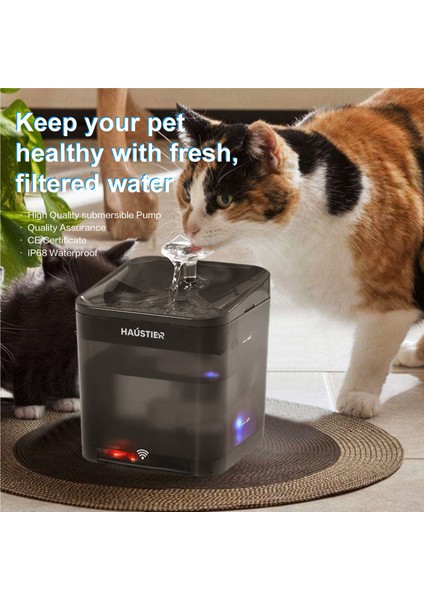 WF004 Akıllı Kedi Köpek Su Sebili Su Şelalesi Su Pınarı, Uv Su Filtrelemeli - Smart Wifi - Tuya App, Ultra Sessiz, Siyah