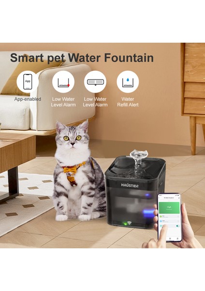 WF004 Akıllı Kedi Köpek Su Sebili Su Şelalesi Su Pınarı, Uv Su Filtrelemeli - Smart Wifi - Tuya App, Ultra Sessiz, Siyah