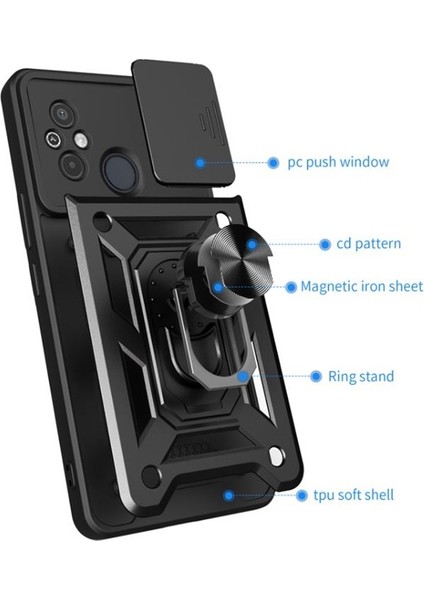 Xiaomi Redmi 12C Kılıf Yüzüklü Sürgülü Kamera Korumalı Pars + Ekran Koruyucu
