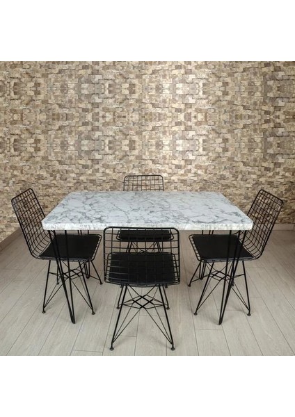 -Lilyum Lux Dekor Metal Ayaklı Masa Sandalye Takımı-Beyaz Mermer