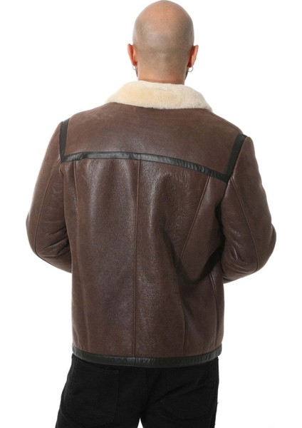 Erkek Koyu Kahverengi İçi Bej Kürklü Vintage Deri Ceket modelleri