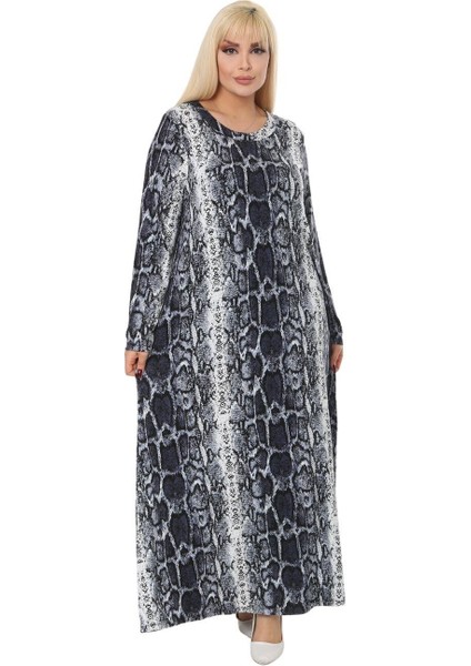 Butik Gri Piton Desen Kollu Kadın Uzun Tesettür Elbise