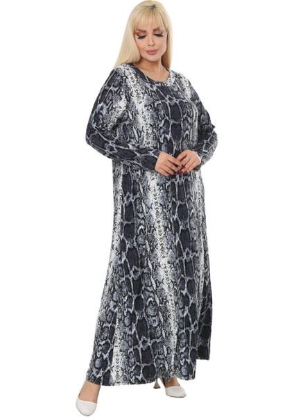 Butik Gri Piton Desen Kollu Kadın Uzun Tesettür Elbise