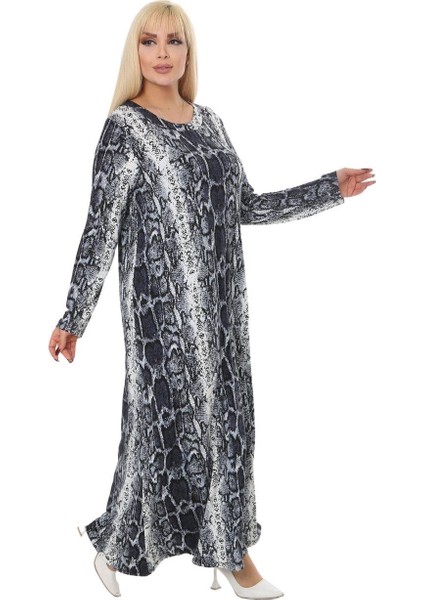 Butik Gri Piton Desen Kollu Kadın Uzun Tesettür Elbise