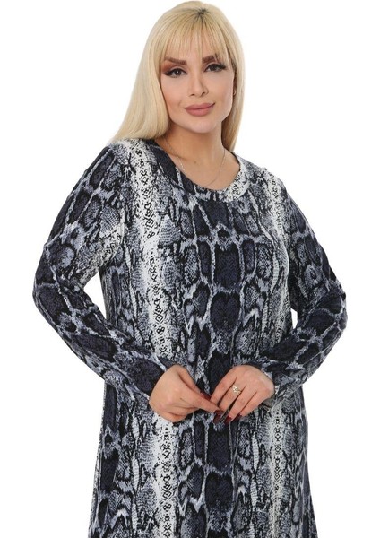 Butik Gri Piton Desen Kollu Kadın Uzun Tesettür Elbise