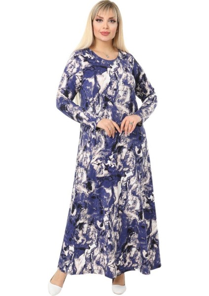 Butik Mavi Batik Desen Kollu Kadın Uzun Tesettür Elbise